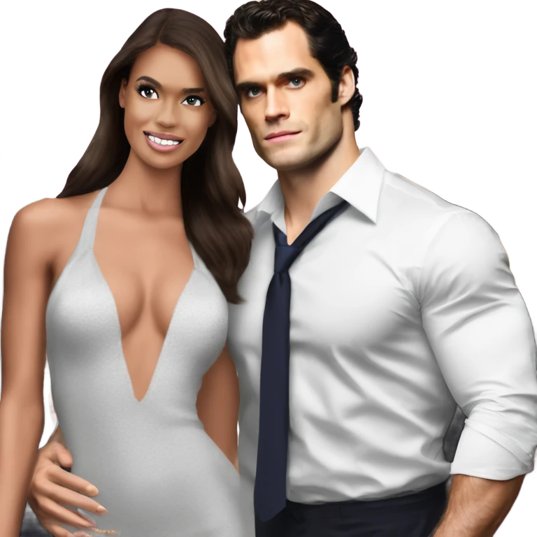 realistic photo of Henry Cavill close under a beautiful  victoria secret model  emoji
