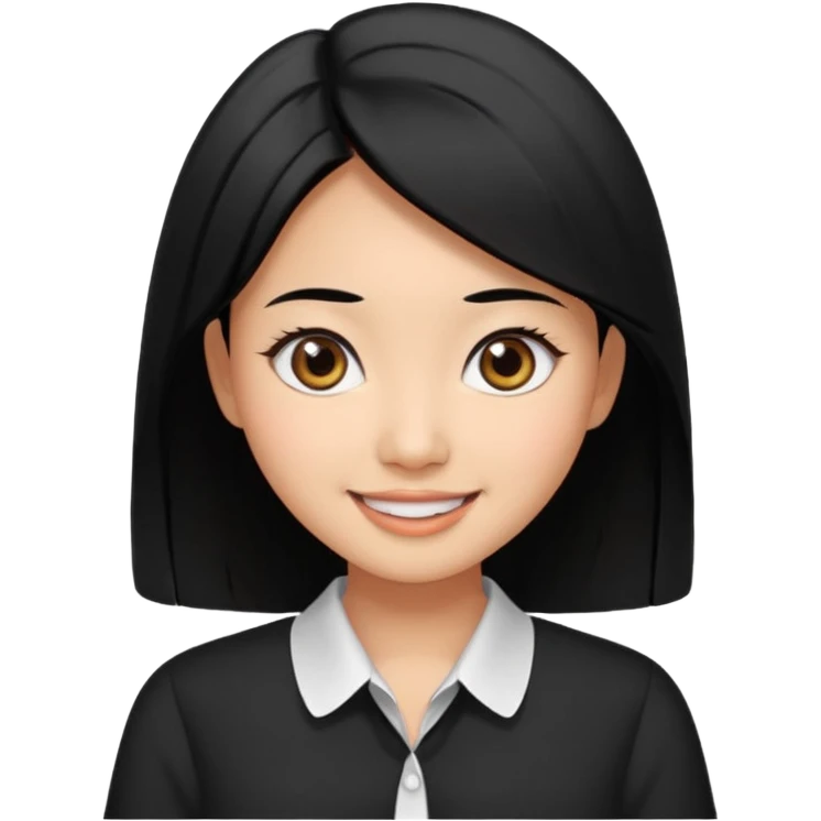 30 yr old asian woman center parted hair big eyes big smile tanned skin straight black hair hippie part hair white blouse emoji