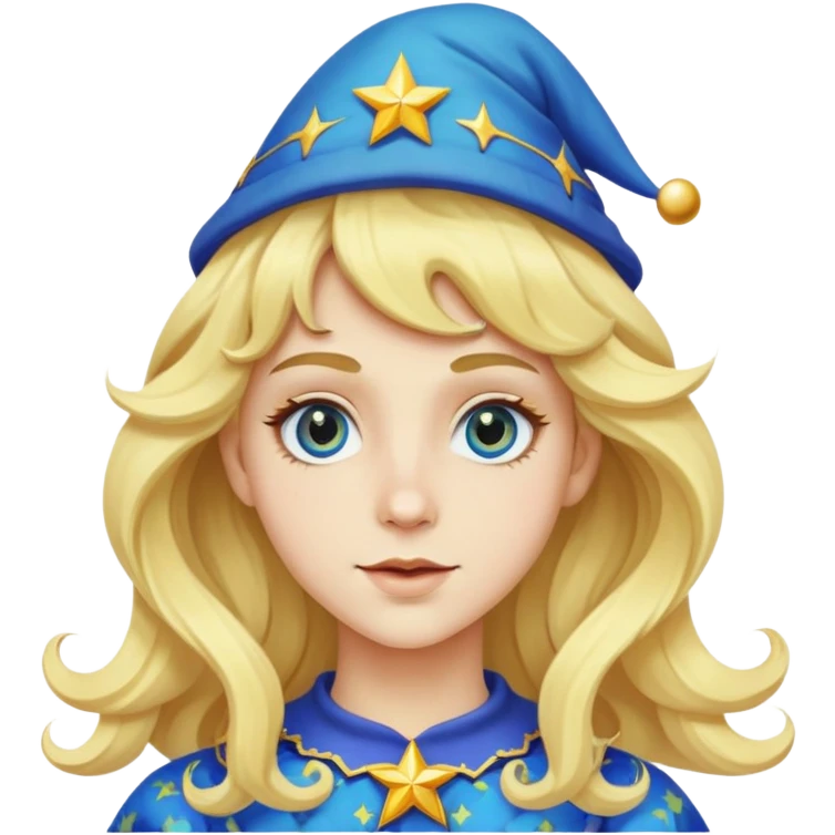 A white emoji with jester blue and yellow hat and blonde long wavy hair with a bang and large star eyes  emoji