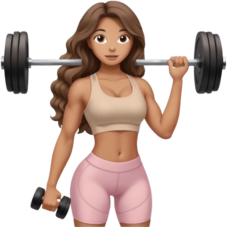 Create dream body girl with big glute and small waist and brown wavy long hair with pastel beige gym clothes with a weight in her hand  emoji