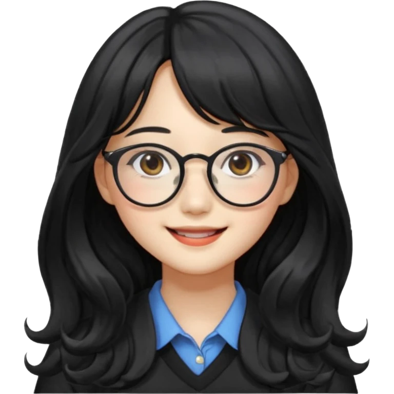 Please generate a portrait of a pretty girl with long, wavy, black hair. She's smiling. She also wears a middle parting and bangs. with glasses pink wonyoungsim from ive fom kpop group emoji