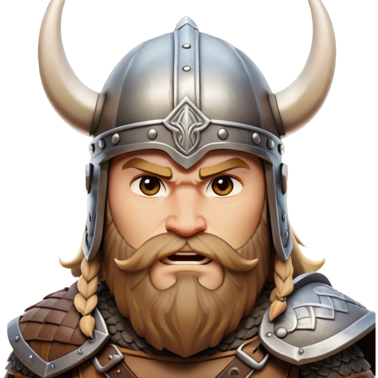 Clash of Clans aesthetic: Cinematic Fierce Viking Portrait Emoji, Poised and bold with a rugged yet stylized build, wearing a simple horned helmet and sporting a neatly trimmed beard, his face rendered in a natural skin tone, intense eyes reflecting fierce determination, Simplified yet dynamic features, highly detailed, glowing with a cool, battle-ready radiance, high shine, brave and resolute, stylized with an air of ancient Nordic valor, focused and commanding, soft glowing outline, capturing the essence of a fearless Viking adventurer ready to set sail on epic quests! emoji