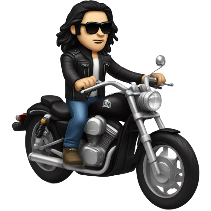 white man with long black hair wearing sunglasses riding a black motorcycle with ape hanger handle bars emoji