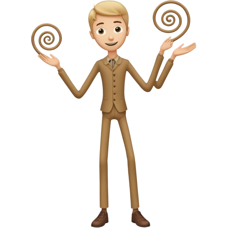 
Theo → “Thin Theo”

Aspetto Toon: Alto, esile, con un corpo filiforme quasi da marionetta. Il volto è sempre sorridente ma gli occhi sono due spirali ipnotiche. Cammina traballando come un cartone animato che sembra cadere ma non cade mai.
 emoji