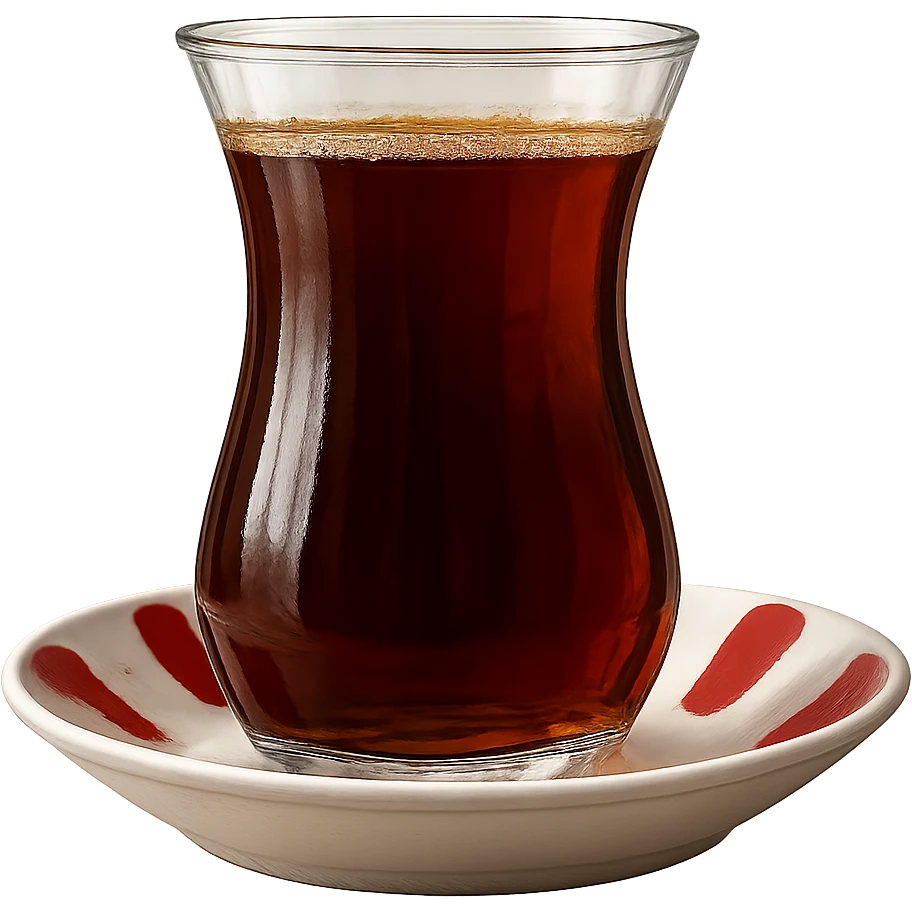 close-up of a Turkish tea glass filled with dark tea, on a white saucer with red stripes, side view, detailed, realistic emoji