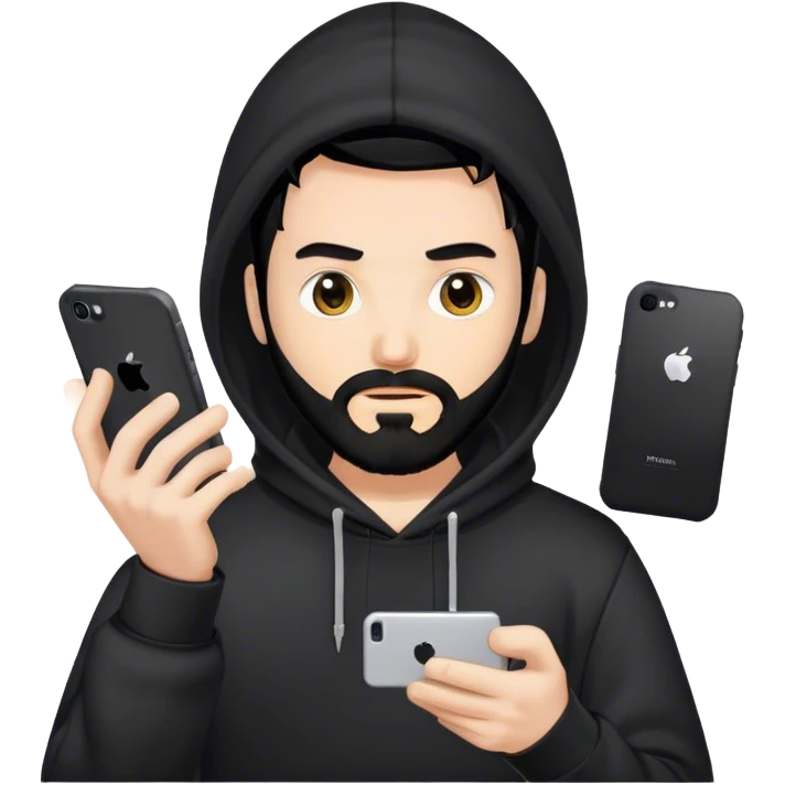 hackeur blanc cheveux noir barbe et capuche noir avec un iphone emoji