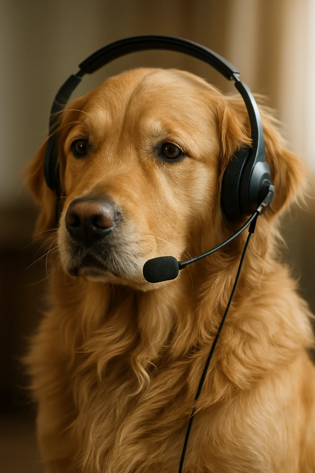 realistic golden retriever with a call center headset, photorealistic, detailed fur, natural lighting emoji