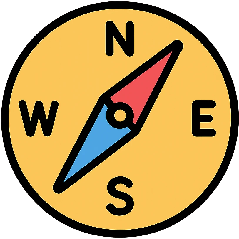 A navigation compass with cardinal directions N, S, E, W and a red and blue needle emoji