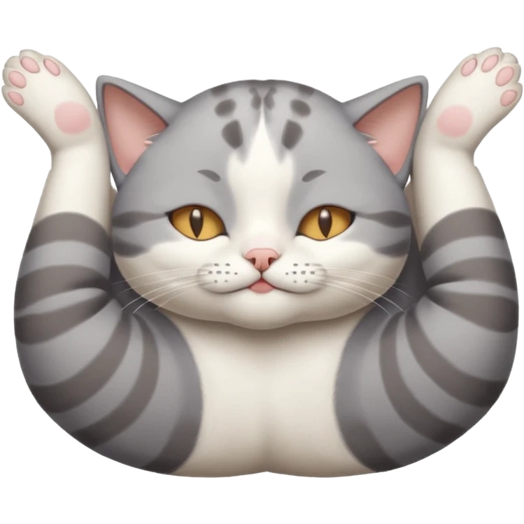 grey and white small cat eyes closed lying down upside down with paws stretched out straight in different directions emoji