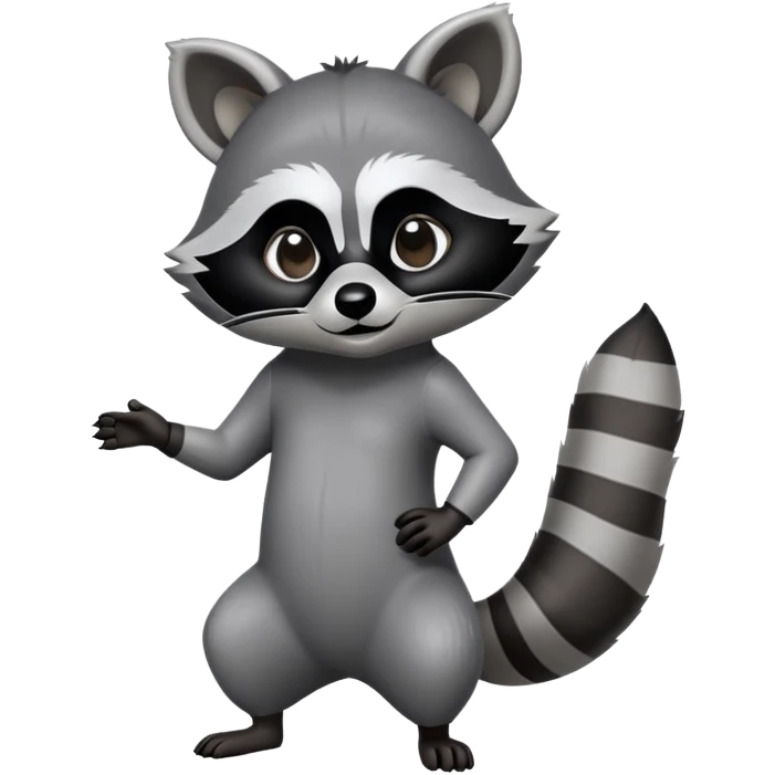 Cinematic-Raccoon-Realistic-hunched Full-Body-Standing on all fours-Emoji – Tail flicking lazily, head tilted dramatically, thick grey fur with a signature black mask, sharp and alert ears, simplified yet realistic focused features, highly detailed, glowing with an almost sarcastic glow. emoji