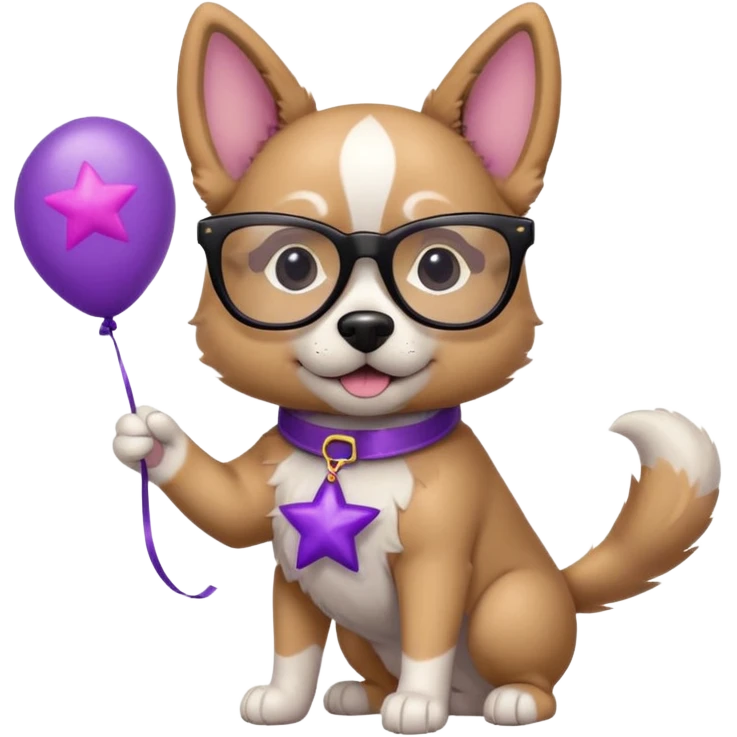 dog holding purple star balloon in hand with black glasses close view  emoji