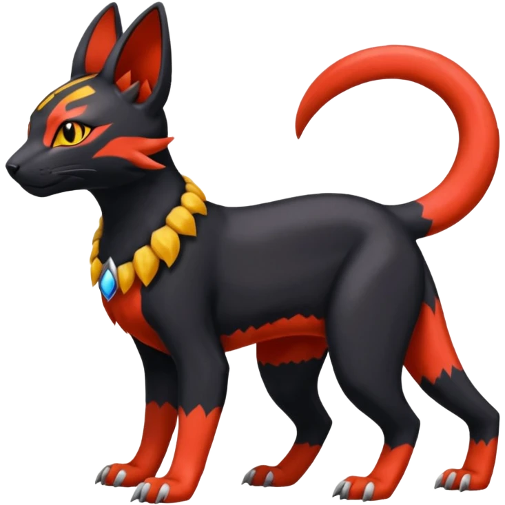 Colorful orange red black yellow Bastet-Salandit-Umbreon-Gatomon-Vernid-Protogen-Digimon-Fakémon-Pokémon-creature  (full body) emoji