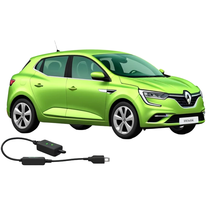 Renault Megane E-Tech electric car with charging cable plugged in, green color emoji