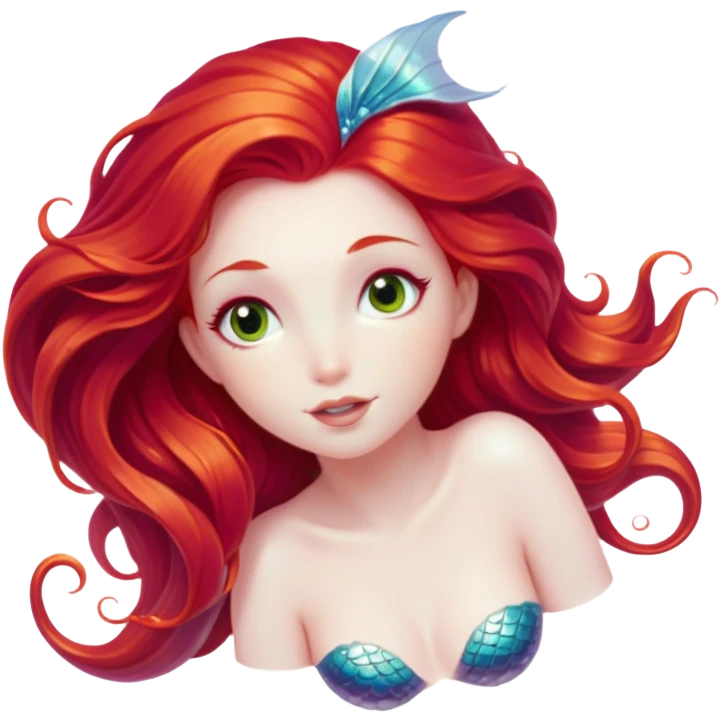 Cinematic Realistic Red Hair Mermaid Portrait, head tilted playfully and inquisitively, showcasing an ethereal form with finely detailed, flowing red hair against luminous porcelain skin. Her bright, curious eyes sparkle like hidden gems beneath the gentle caress of underwater light, rendered with lifelike clarity and warm, filtered illumination—capturing the essence of a spirited mermaid ready to splash playfully into your imagination. emoji