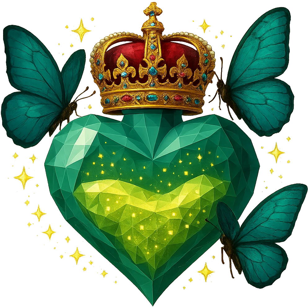 Change the crown on top of the diamond heart bottle to a more intricate, luxurious, and elegant royal crown with detailed decorations and gemstones. Keep the rest of the bottle the same: diamond heart shape, #c0ff53 glitter liquid inside, two butterflies, magical sparkling dust, and transparent background. Maintain the style and magical essence of the original image. emoji