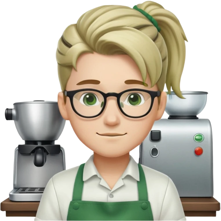 cute white barista boy with glasses green apron and pony tail emoji