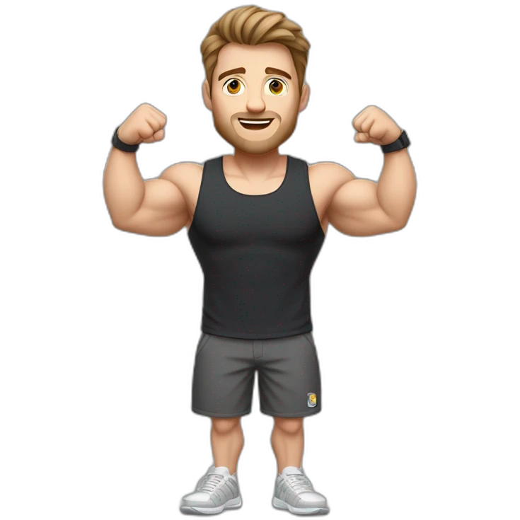 Full height realistic Actively gesturing with hands Pale skinned Fit Man With the biceps and brown hair in dark gray Sleeveless Mike, black oversize sports shorts, watch and white Sneakers emoji
