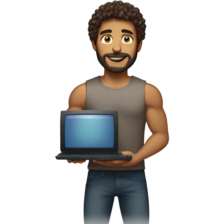 men carrying a computer in his hands. light brown skin men with curly dark brown hair, brown eyes, little grown beard. imposing, bit muscular build. dressed casual. emoji