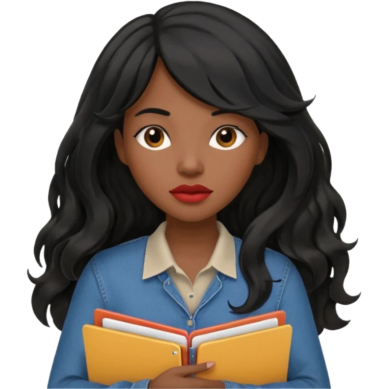 A young woman with long black hair, a wavy frange falling on half of her head. She's black, medium to dark skinned with thick lips. She's holding folders, because she's a CEO, but she's wearing casual clothes. emoji