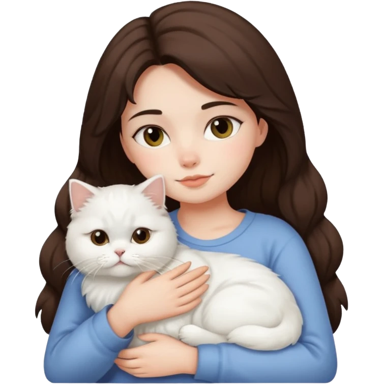 Brunette girl snuggling white Persian cat emoji