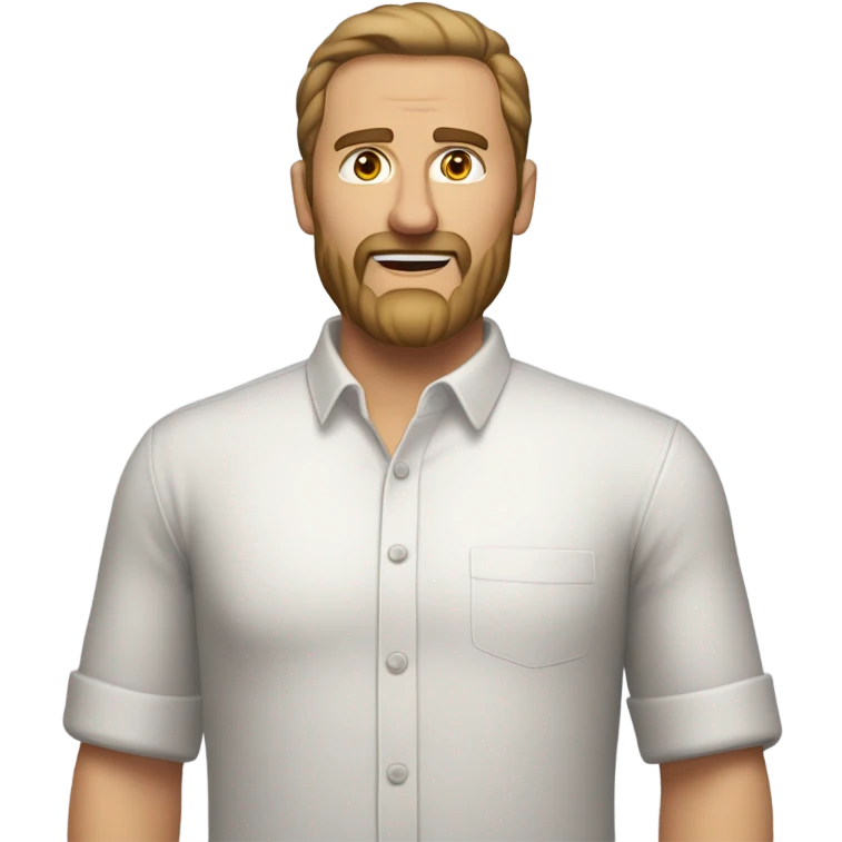 middle aged english man, short slicked back hair dark blonde, dark blonde medium length size full beard, wearing only a plain white smart shirt unbuttoned. emoji