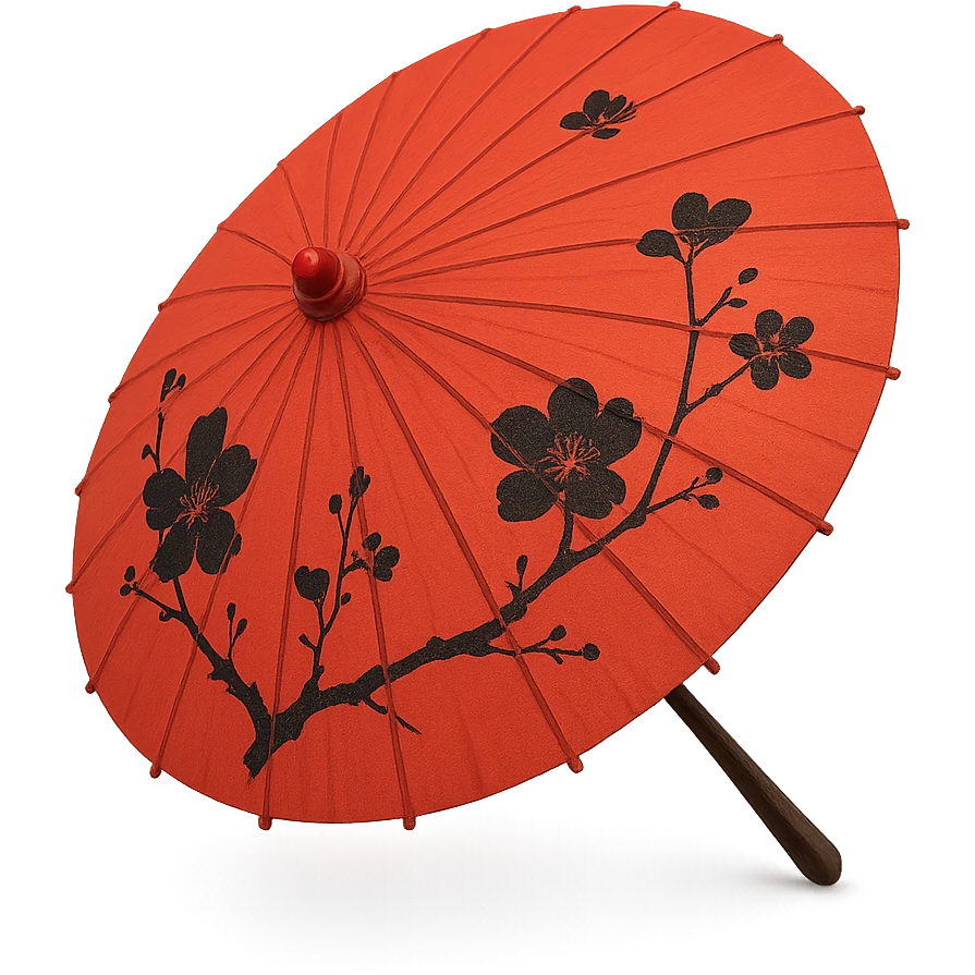red Chinese parasol with black flowers, side view, delicate black flower accents, traditional style emoji
