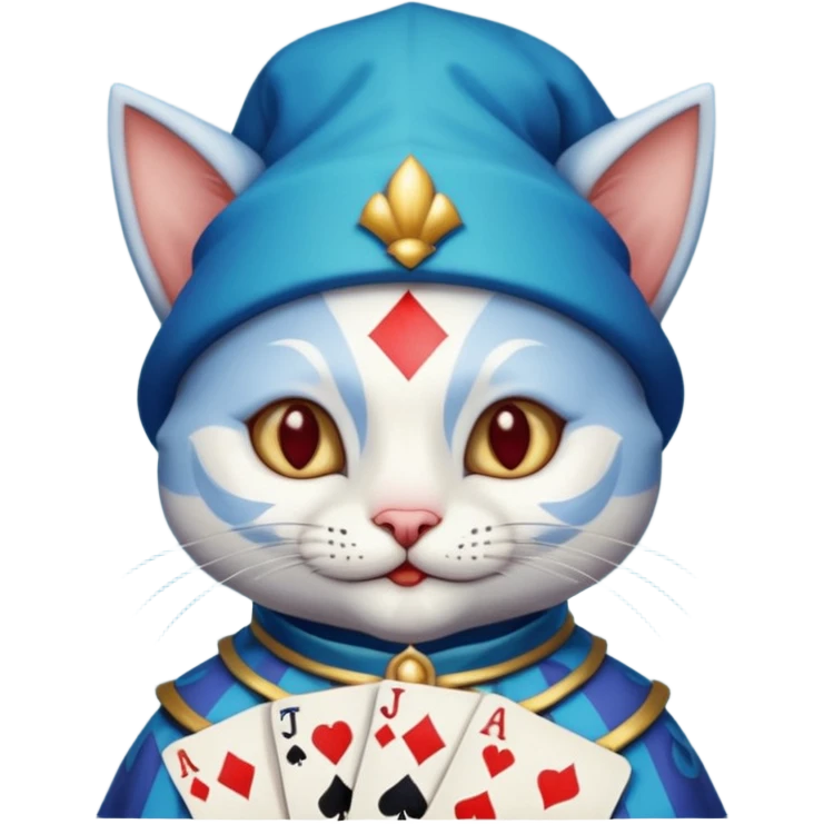 crazy colorful cute little cat jolly joker from poker, medieval, vintage, court jester, mac os icon, blue color, holds poker cards emoji