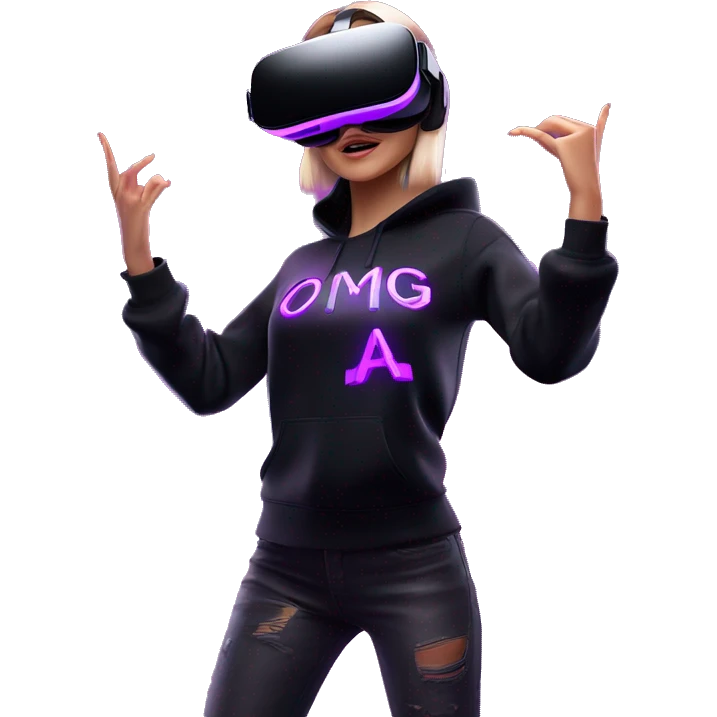 Russian girl wearing black hoody with violet letters "OMG", in vr headset oculus quest2. Dancing. Cyberpunk style. Violet neon. emoji