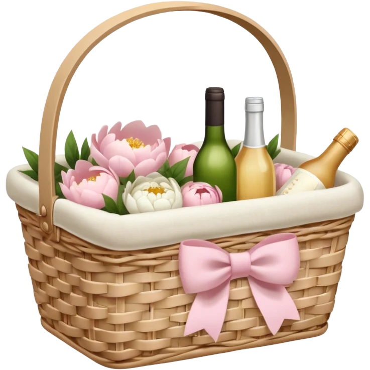 White Picnic basket with light pink bow and white peonies inside emoji