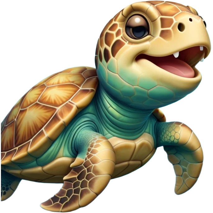 Cinematic Cute Yawning Sea Turtle Portrait Emoji, Head tilted slightly with a dramatic, wide-open yawn, showcasing a stately, patterned shell and a smooth, aged body with sleepy, half-closed eyes, Simplified yet irresistibly adorable features, highly detailed, glowing with a soft, cozy oceanic glow, high shine, relaxed yet expressive, stylized with a dash of whimsical marine charm, soft glowing outline, capturing the essence of a drowsy yet affectionate sea turtle that appears ready to stretch out for a nap! emoji