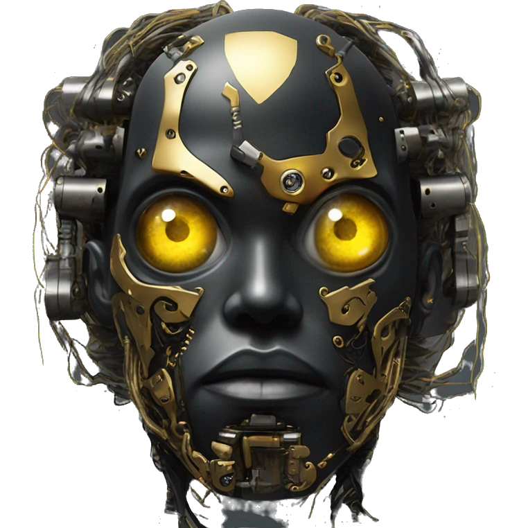 black metal male cyborg head with  one artificial eyeball, circuitry, goatee and dreaded yellow gold hair emoji