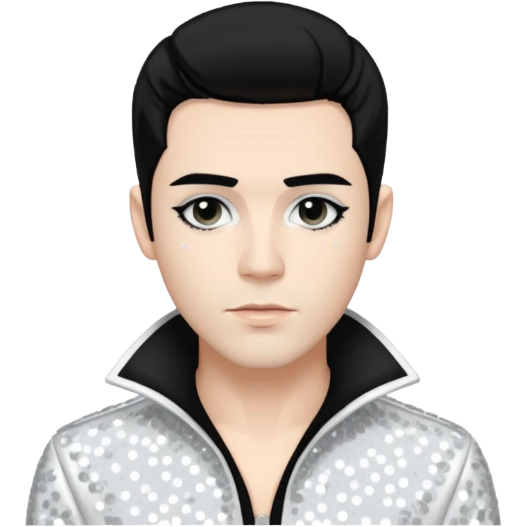 Sugar Bones, Male Electropop Singer from Confidence Man with black hair with white highlights, white sequin outfit emoji