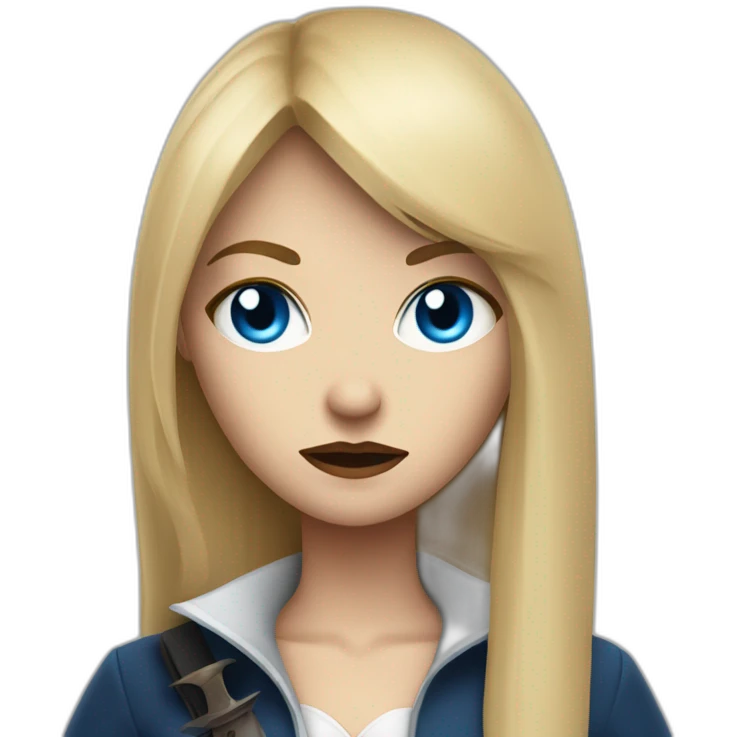 beautiful vampire woman with long blonde hair and blonde straight bangs and blue eyes wielding knives serious expression emoji