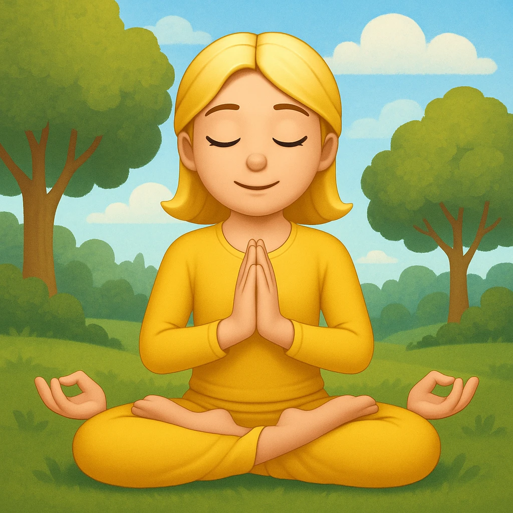 Add a peaceful nature background with trees and sky behind the meditating emoji, keep the classic emoji style emoji