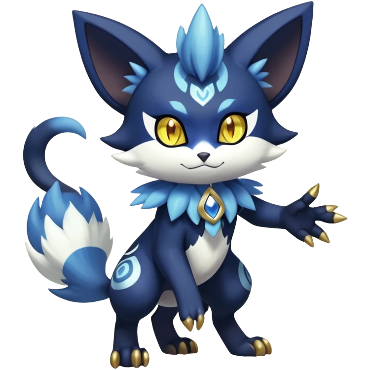 Shiny Exotic Badass Colorful Ethereal Royal Mysterious Gothic Meowstic-Zorua-Litten-Noibat-Pokémon-Fakémon-hybrid-creature (full body) with pattern-markings with golden eyes emoji
