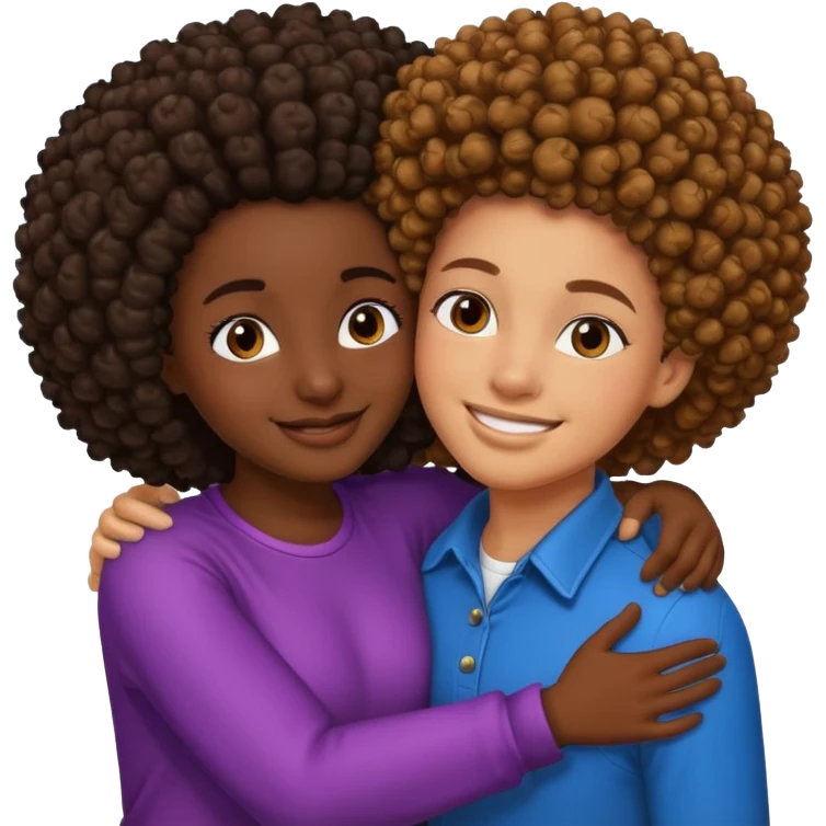 A dark skin curly Afro girl hugging a brown skin guy with Afro fade with  emoji
