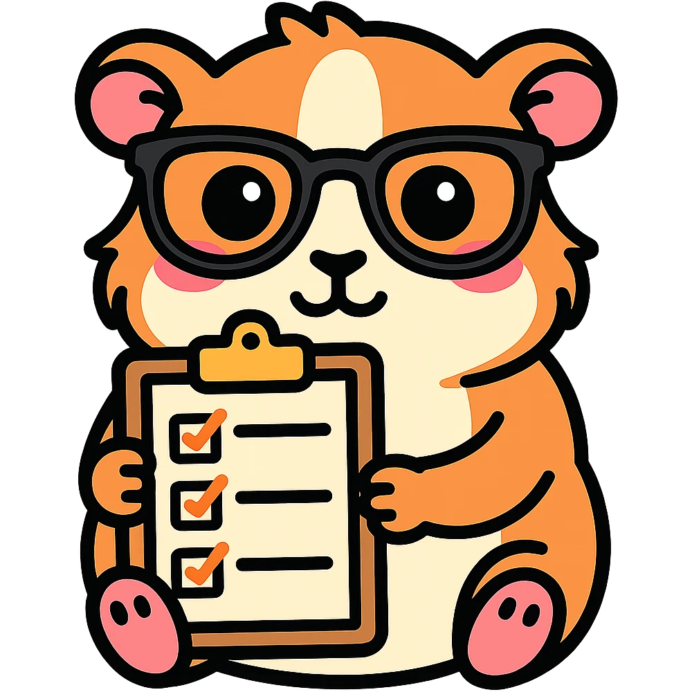 Make the guinea pig match the original reference with the same face and glasses style, but holding a clipboard or checklist to represent assignments, in a cute, outlined, colorful style. emoji