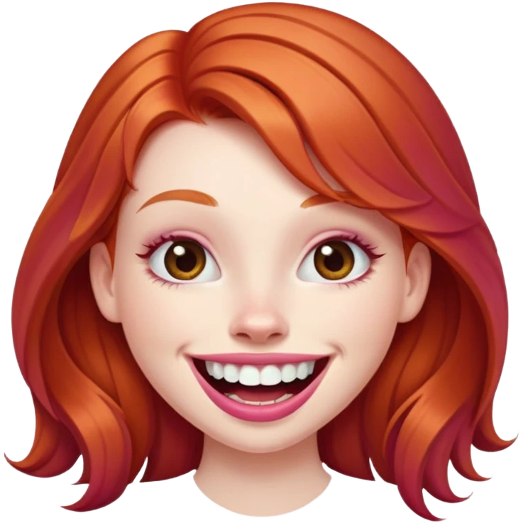 Young girl with pale skin, full pink lips smiling with big teeth, ginger red hair (very long), bigger nose, deep brown eyes (less green), big mouth emoji