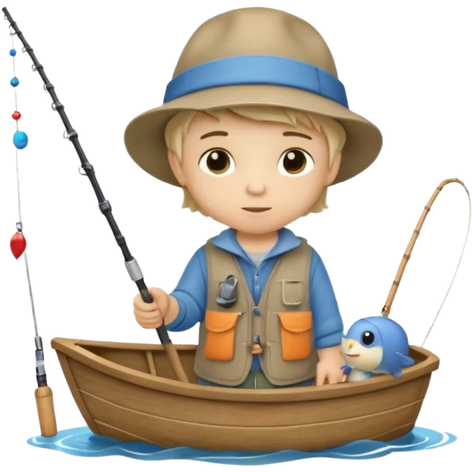 Little boy on a little boat fishing, felt texture, scrapbooking, precious moments style character emoji