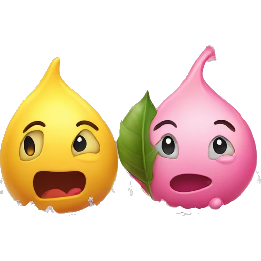 Two adorable, water drop emoji-like figures with emoji head, a yellow one with green leaves a pink one with red leaves, hog standing on a wet surface, with their r emoji