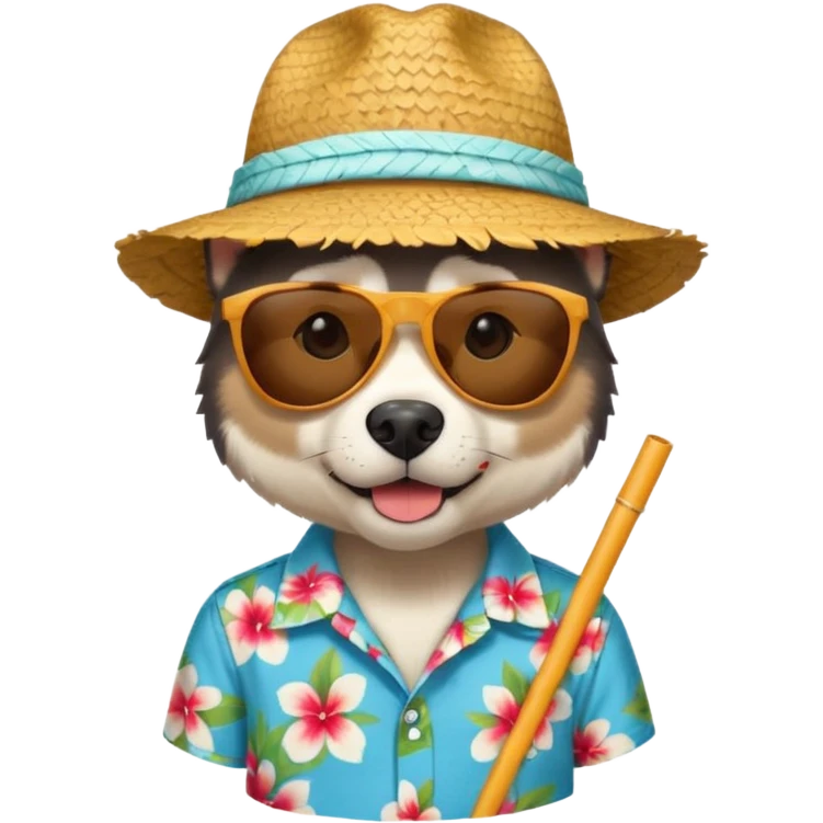 hasky with sunglasses and straw hat, hawaii shirt emoji