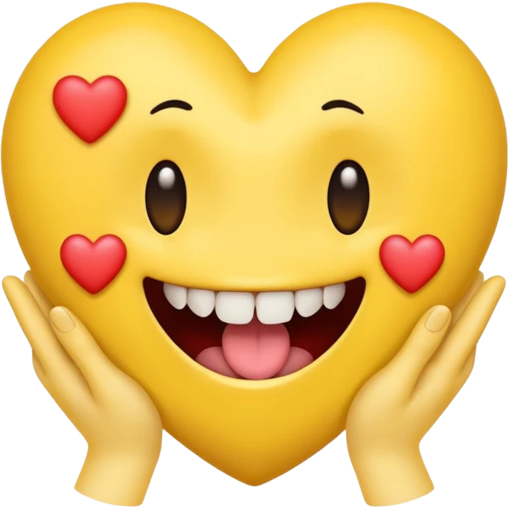 yellow emoji face holding a heart and hes so happy with so happy with teeth and tongue and toes growing out of the top of its head. his eyes have been plucked out and are now eyeless sockets. no eyes. emo hair emoji