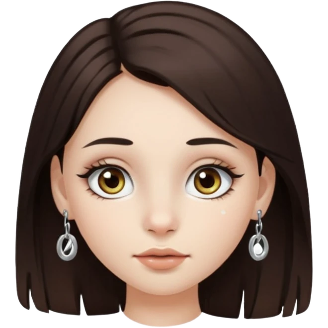 Chica con pelo medio largo y castaño oscuro, piel blanca, ojos hazel y pestañas largas, un piercing septum redondo pequeño  emoji