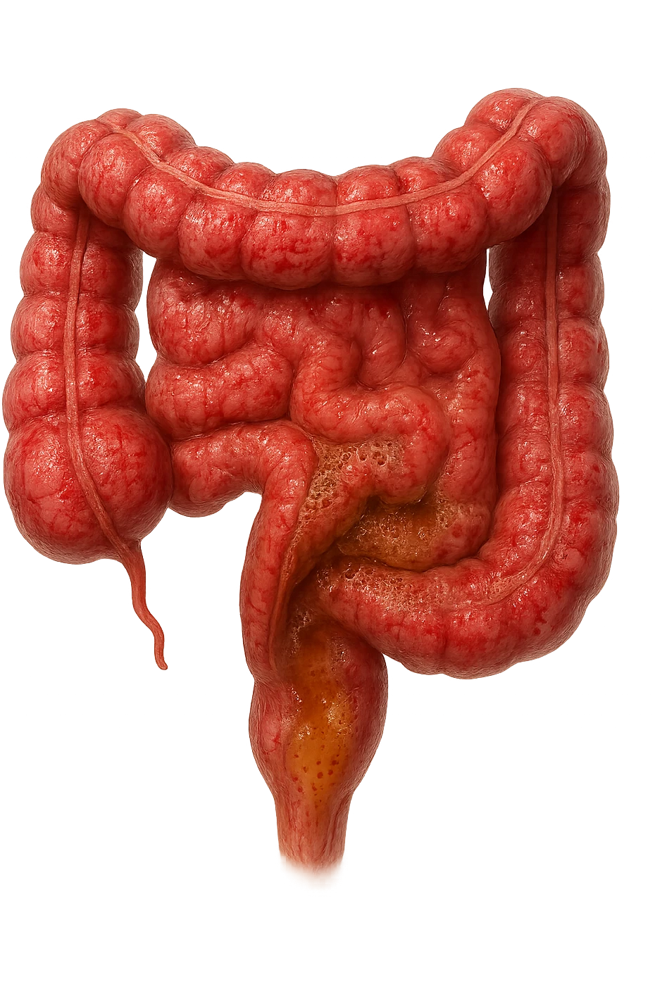intestino anatomico umano affetto da gastroenterite, diarrea liquida nel colon ben visibile, iperrealistico 4k emoji