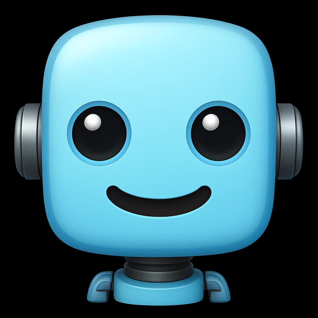 Edit the image to depict a light blue (#b0f2f8) cute robot with a round head, big eyes, and a smiling expression in the style of an apple emoji. emoji