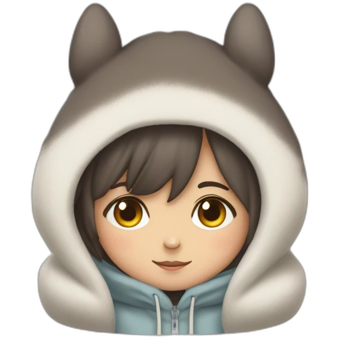 Fille Brune avec un sweat-capuche Totoro avec les couleurs de Totoro sur ventre  emoji