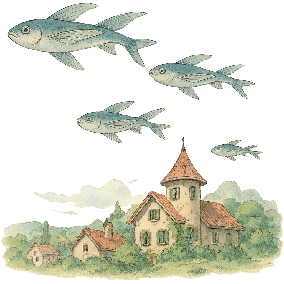 flying fish above a village in ghibli style, serene, detailed, soft colors emoji