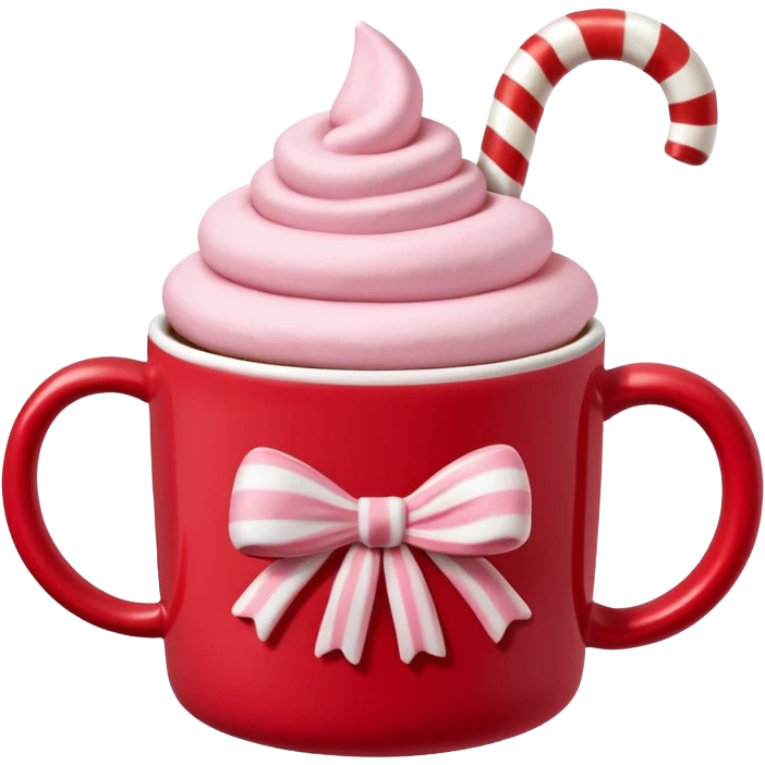 hot chocolete with pastel pink marshmallows in red christmas mug and candy cane, trendy aesthetic emoji