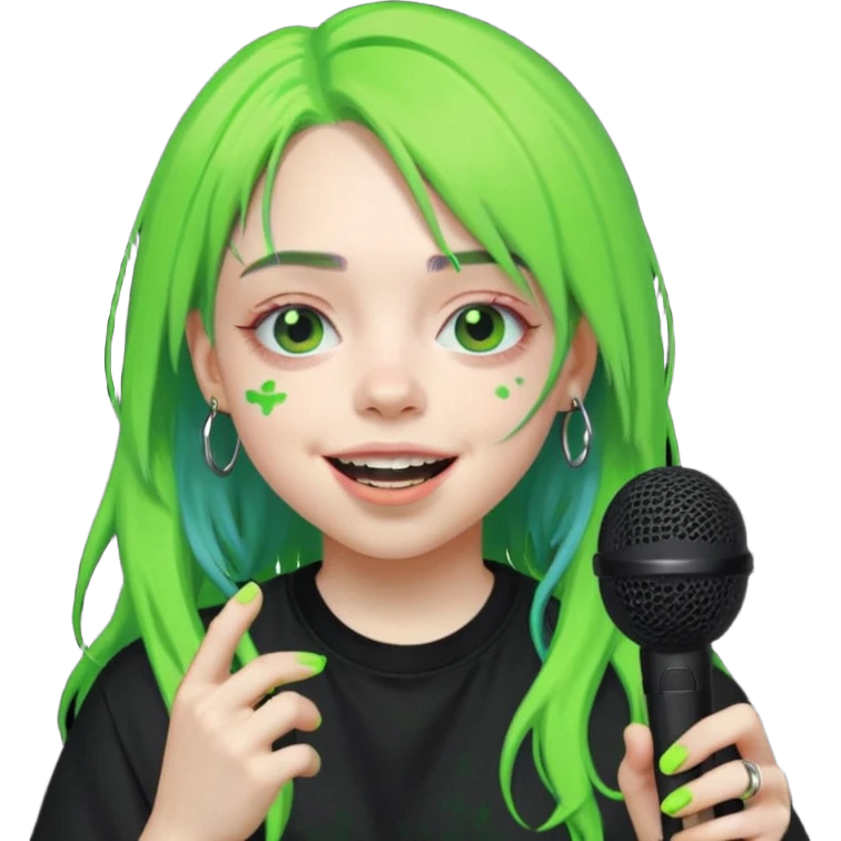 billie eilish is singing, holding mirco and smile, die hair neon lime emoji