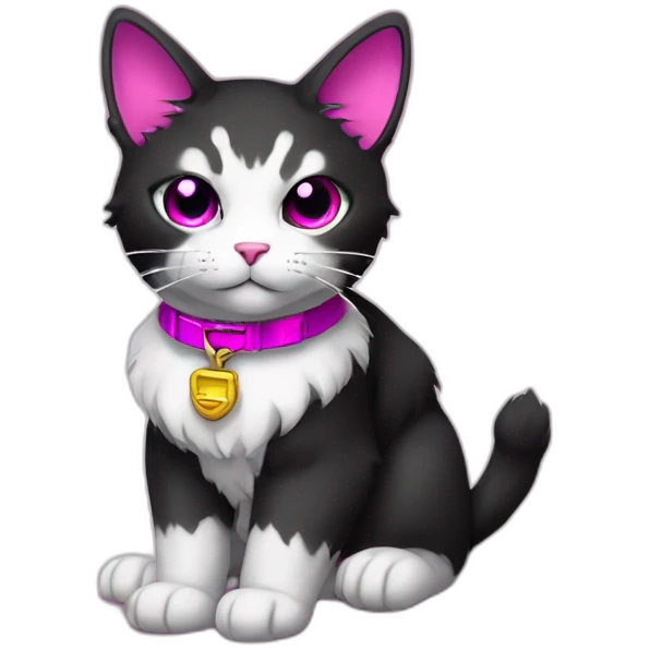 Gundam cat with black furr and magenta eyes, sitting on the floor emoji
